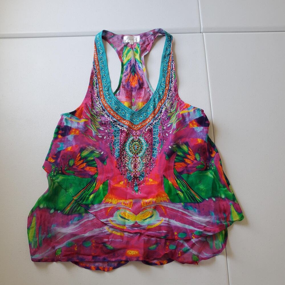 Camilla Tank Top Womens 1 Multicolor Silk Beaded Sequin Racerback Boho Cami